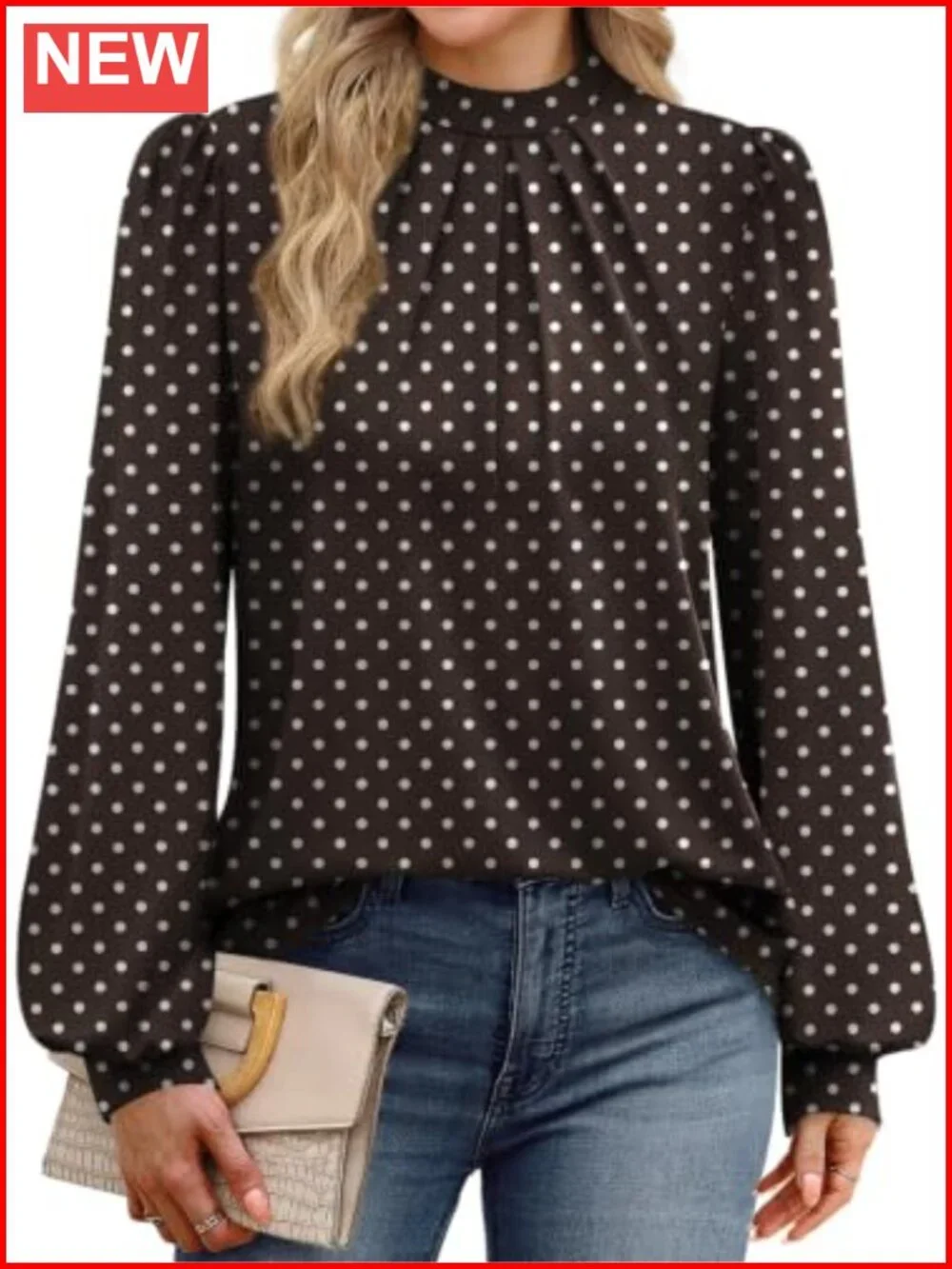 Womens Mock Neck Pleated Front Long Sleeve Blouse Dressy Casual Top